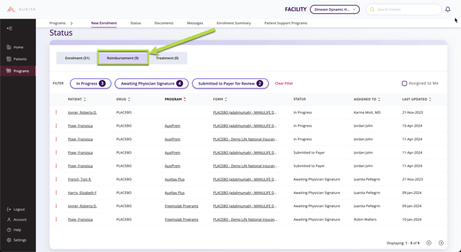 A screenshot showing where the reimbursement status table