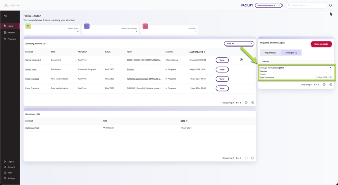 Preview of an unread message, on the home dashboard