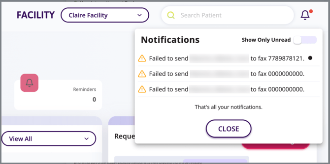 A screenshot of the "Notifications" page sowing the failed faxes 