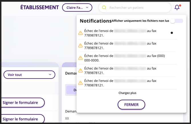 Une capture d'écran de la page "Notifications" montrant les fax échoués. 