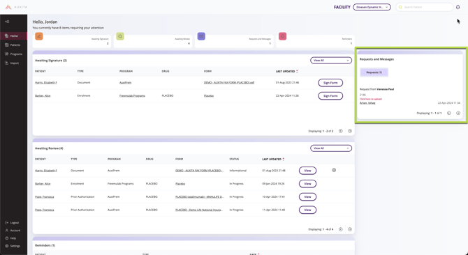 The Requests and Messages section indicating where you can access messages