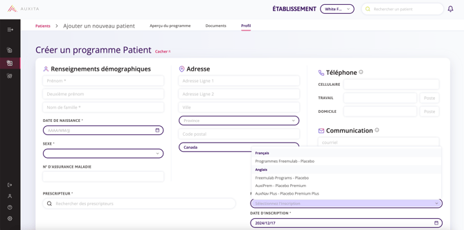 Fenêtre Créer un programme patient