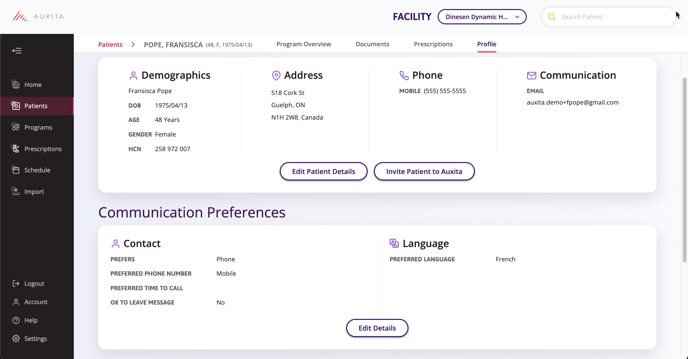 Image displays the profile tab within the patients section