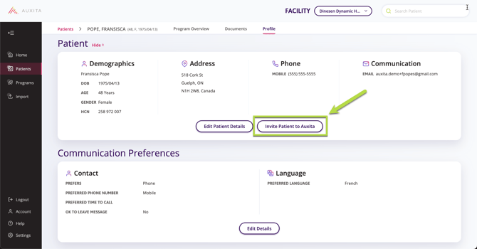 Button directing where to click to invite a patient to Auxita