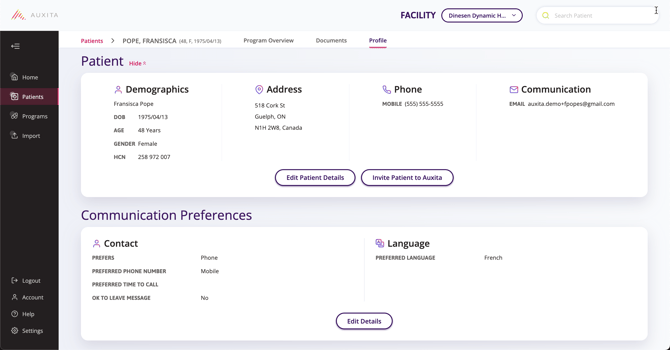 A screenshot of a patients profile and demographics