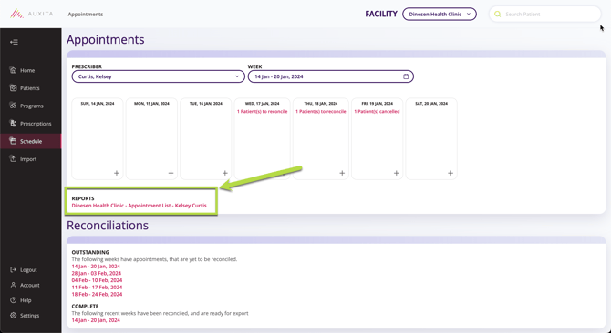 A screen capture showing the 'create appointment list' pink button to generate the appointment reports