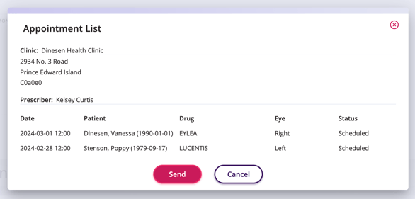 A screenshot of what a appointment list will look like prior to sending it to the pharmacy