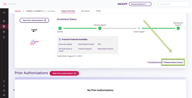 Screenshot showing where to click to request patient consent on a current registration form.