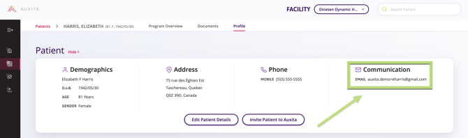 Screenshot showing where to find the patient's e-mail address on the patient profile