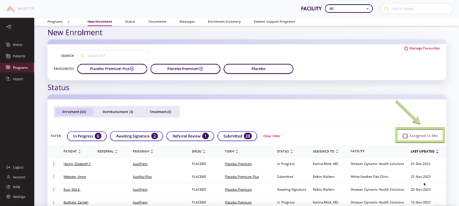 A screenshot showing where on the programs status section you would click to view the enrolments "assigned to me"