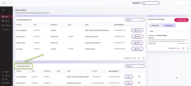 A screenshot showing where to view the "Awaiting signature" and "Awaiting Review" sections