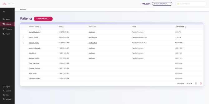 An overview of a patients list with the programs they were recently enrolled into