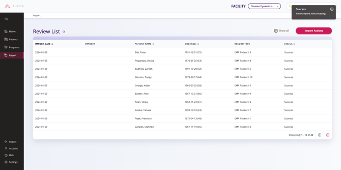 The import review list with 4 patients processing partial enrolments and a success message in the top right corner.