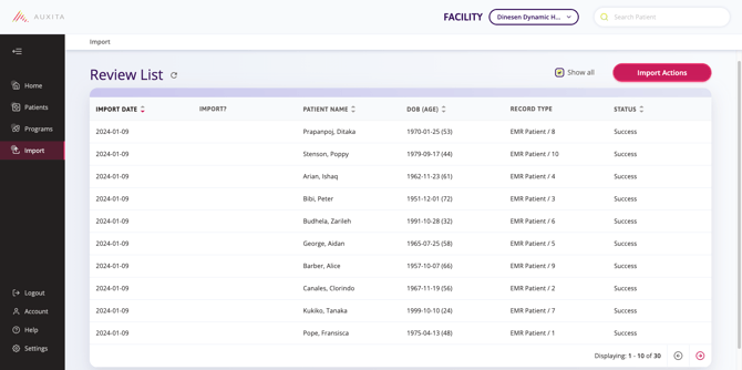 Screenshot of the review list of imported patient demographics. 