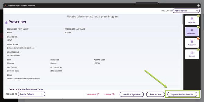 The registration form and an arrow indicating where to click to obtain the patient's consent.