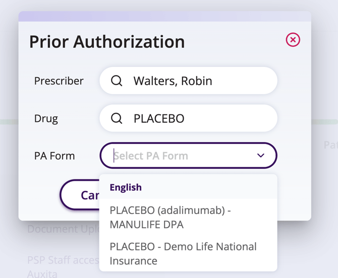 A screenshot of the pop up where the Prior Authorization form can be selected, once done press on the button Next