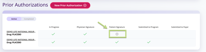 A screenshot of the Prior Authorization status showing awaiting patient signature