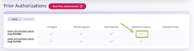 A screenshot of the Prior Authorization status submitted to program