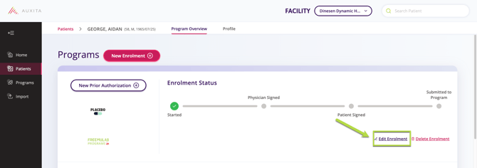 Screen capture of the status on the program enrolment 