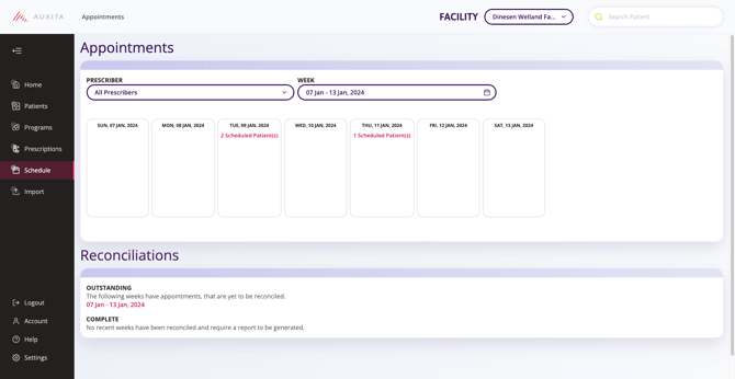A screenshot of the scheduling section, here you can see the appointments tile and Reconciliations section