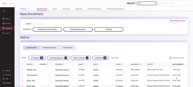 Programs landing page with patient column