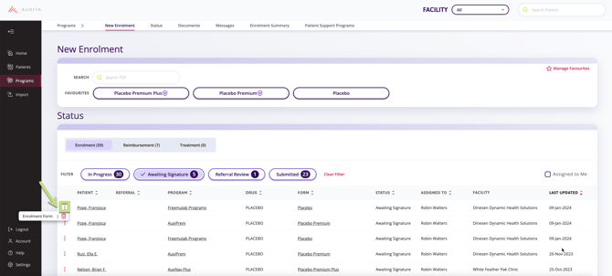 The Programs Landing Page Section is shown with example patient and program overview highlighting where to click View Enrolment and Clear filters. 