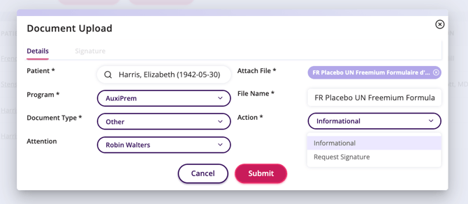 The document upload window where you can fill in the details about the document and browse for the file on your computer. 