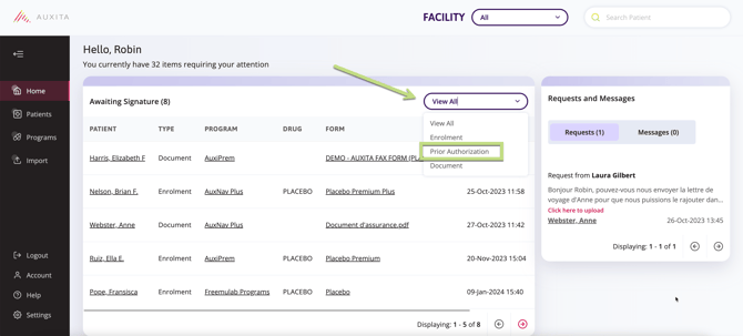 View all dropdown to select prior authorizations that are requiring a signature