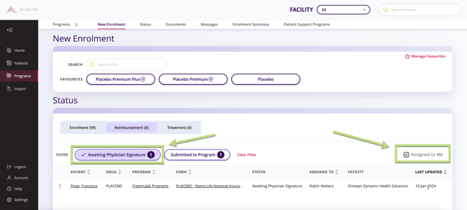 A screenshot showing where to click 'Awaiting Physician Signature’. and 'Assigned to me'