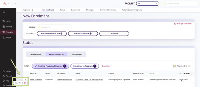 A screenshot of the status table indicating where the three ellipses and view PA button are.