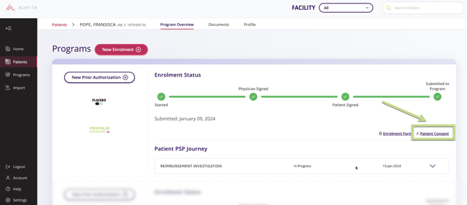 A screenshot showing the patients page "program overview" tab where the patient consent button is shown