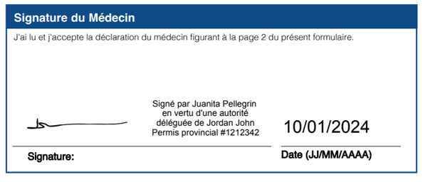  Une note indiquant que le délégué a signé au nom du prescripteur est affichée à côté de la signature.