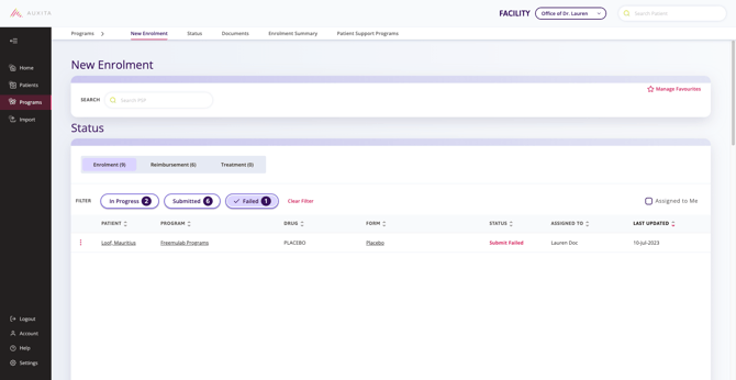 The New Enrolment section where the enrolment Status is indicated as Failed.