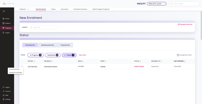 The New Enrolment section where you click the three elipses in order to resubmit the failed enrolment