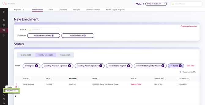 Screenshot indicating to click on the ellipsis where the refund status indicates Failed submission to see the option to Resubmit electronic fax