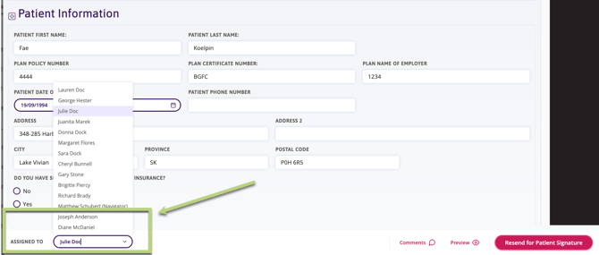 A screen shot indicating where the drop down for the assigned to section is on the form.