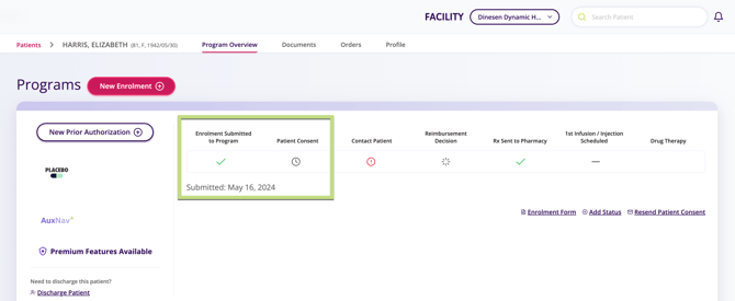 Screenshot highlighting the enrolment progress as well as the patient consent feature in the Patient Treatment Progress bar.