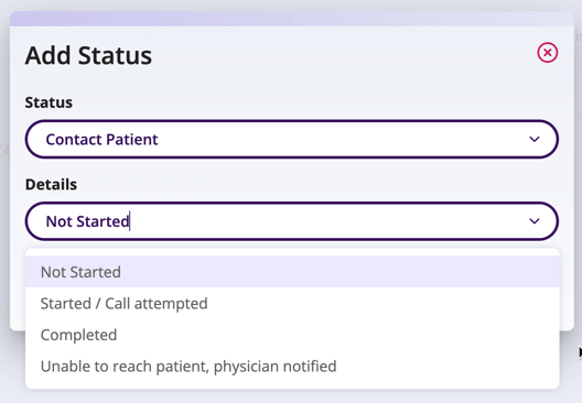 Screenshot showing the details options that can be selected for Contact patient 
