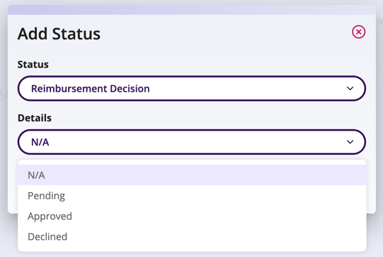 Screenshot showing the details options that can be selected for Reimbursement Decision 