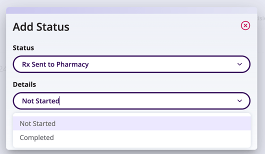 Screenshot showing the details options that can be selected for RX Sent to Pharmacy.