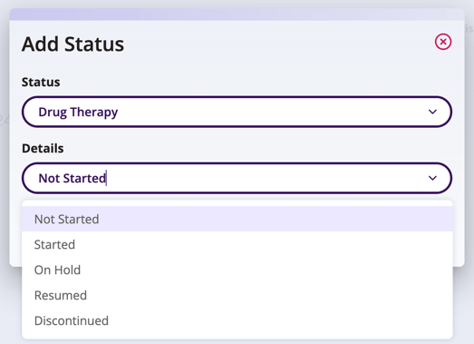 Screenshot showing the details options that can be selected for Drug Therapy.