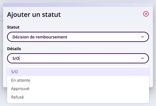 Capture d'écran montrant les options détaillées qui peuvent être sélectionnées pour la décision de remboursement.