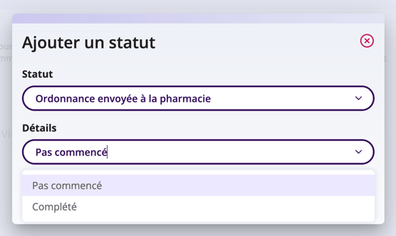 Capture d'écran montrant les options détaillées qui peuvent être sélectionnées pour Ordonnance envoyée à la pharmacie.