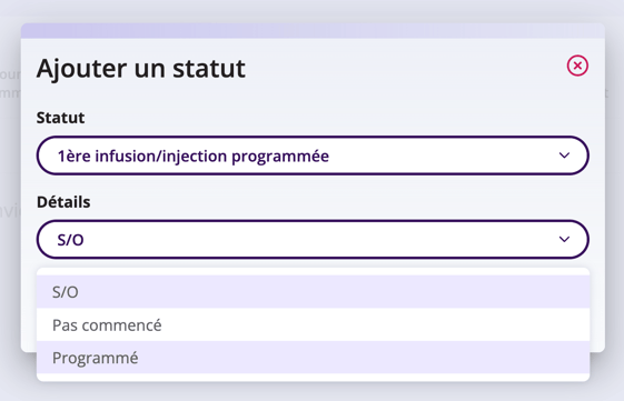 Capture d'écran montrant les options détaillées qui peuvent être sélectionnées pour 1ère perfusion/injection programmée.