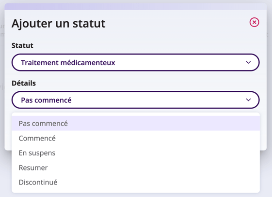 Capture d'écran montrant les options détaillées qui peuvent être sélectionnées pour la traitement médicamenteux..