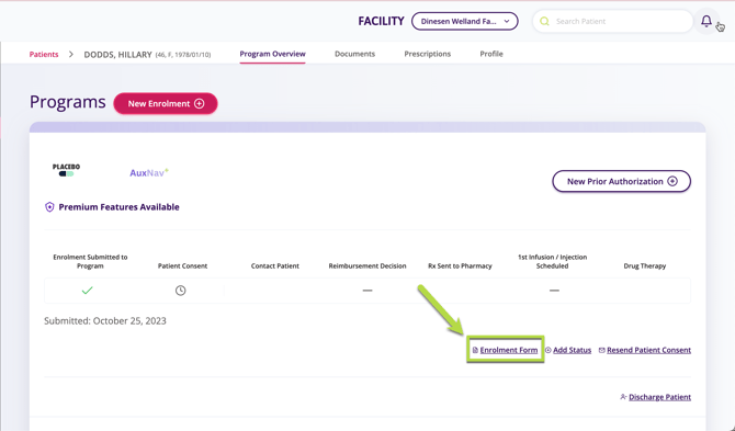 A arrow indicating where to click to open a submitted enrolment from the patients section below the status bar.