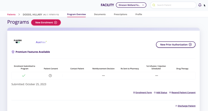 This image contains a screenshot after an enrolment has been submitted to patient support program, indicated by a greencheck mark and a Submitted with date comment below.