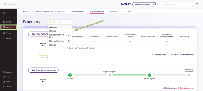 Screenshot of the “program” section of the patient profile, where you can search for enrolment programs.