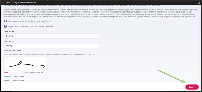 Screenshot of the “patient consent” section of an enrolment.