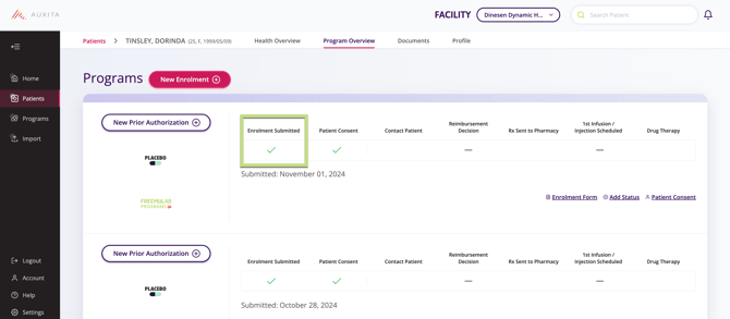 Screenshot of the program section in the patient profile showing the enrolment submitted and its progress.